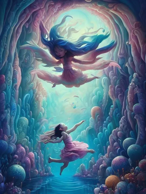 Prompt: Mystical, vibrant and surreal colored tunnel, serene girl flying in, detailed and magical surroundings, high quality, ethereal, radiant light, dreamy atmosphere, surrealism, fantasy, vibrant colors, detailed, mystical, flying, professional, atmospheric lighting