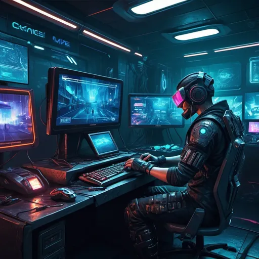 Prompt: High-res, detailed illustration of 'Mike Sweeps' online gaming platform, futuristic cyberpunk setting, intense and dynamic action scene with cool color tones, sleek and high-tech interface design, detailed gaming equipment, professional digital art, cyberpunk, futuristic, action-packed, high-tech interface, dynamic composition, high-res, detailed, cool tones, gaming equipment