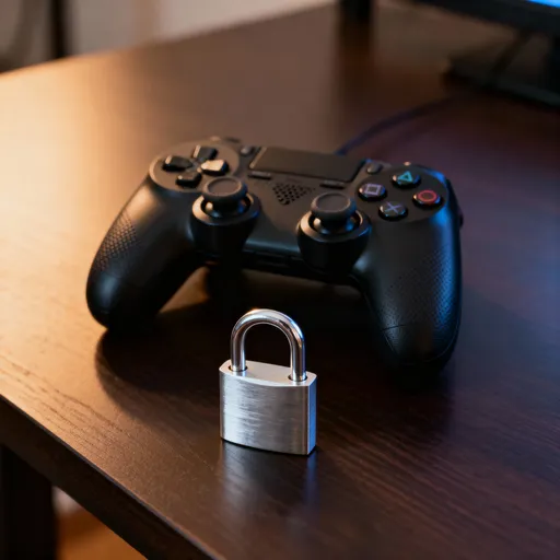Prompt: Realistic image of a video game controller with a lock in front of it to represent security concerns.