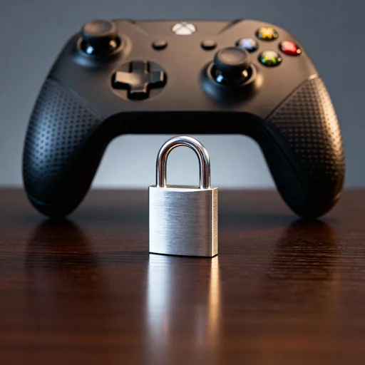 Prompt: Realistic image of a video game controller with a lock in front of it to represent security concerns.