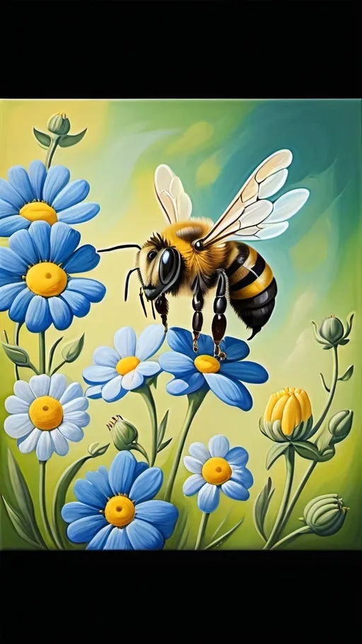 Prompt: a painting of a bee on a flower with a green background and blue flowers in the foreground, with a white and yellow bee on the top, artist, metaphysical painting, organic painting, a detailed painting