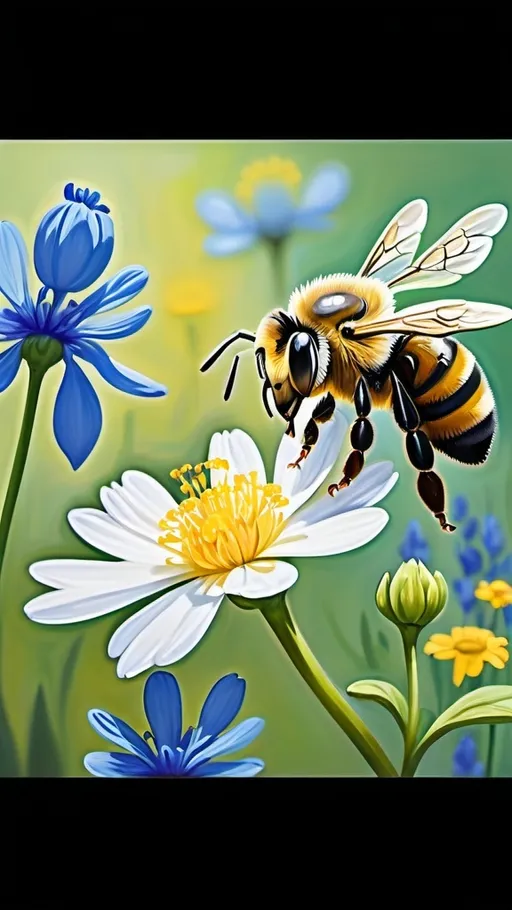 Prompt: a painting of a bee on a flower with a green background and blue flowers in the foreground, with a white and yellow bee on the top, artist, metaphysical painting, organic painting, a detailed painting