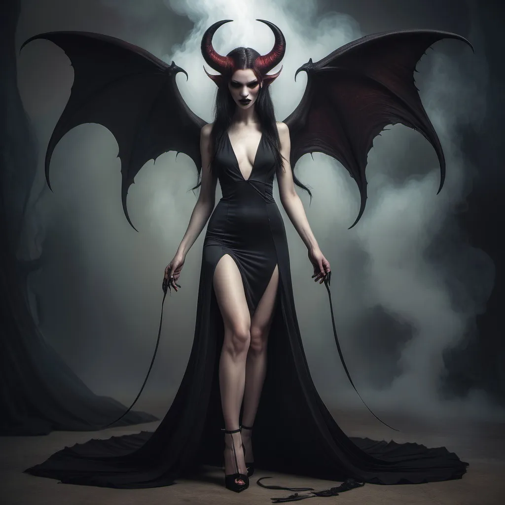 Prompt: The Demoness Lilith, double-slit dress, high heels, ethereal