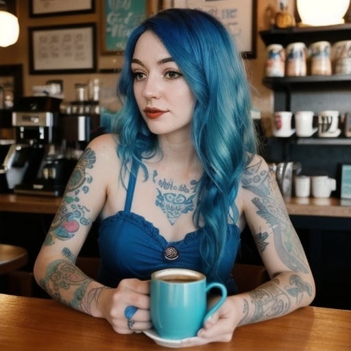 Prompt: Blue haired women, mermaid tattoos, coffee shop, Cafe, daydreaming, hands on coffee mug