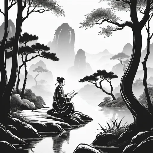 Prompt: Chinese ancient poet, in the woods,  natural scenery, thin line style, black and white
