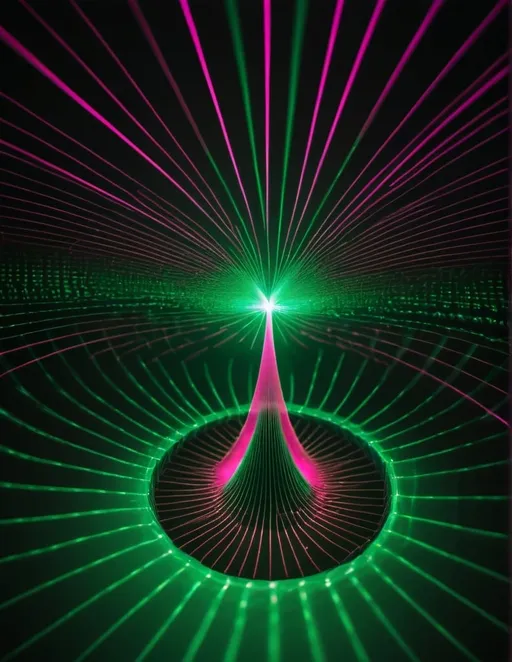 Prompt: Green and pink Laser beam twisted light chiral metasurface nanophotonic structured light gaussian mode