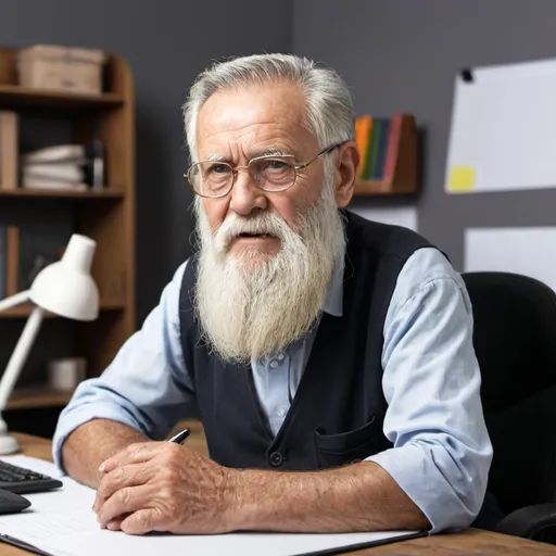 Prompt: Old man with beard with his desk background 