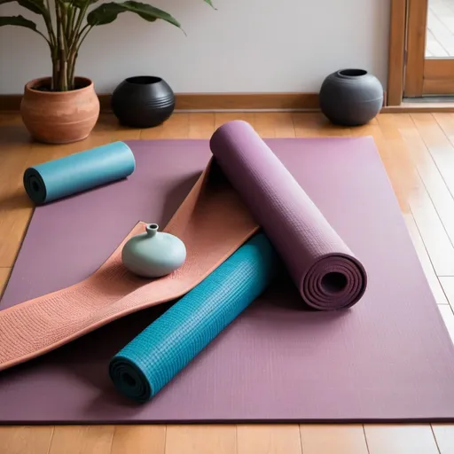 Prompt: une photo regroupant les accessoires de yoga, sangle tapis, briques, 

