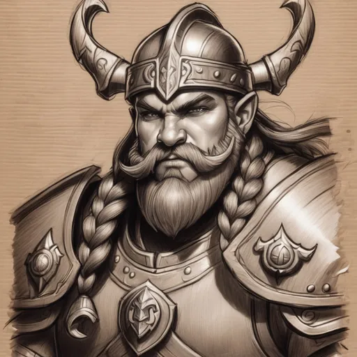 Prompt: sketch dwarf braids, armor metal,axe,on light brown paper.world of warcraft art, pencil detail texture