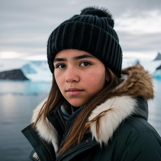 Prompt: a beautiful girl with sad look at antarctica