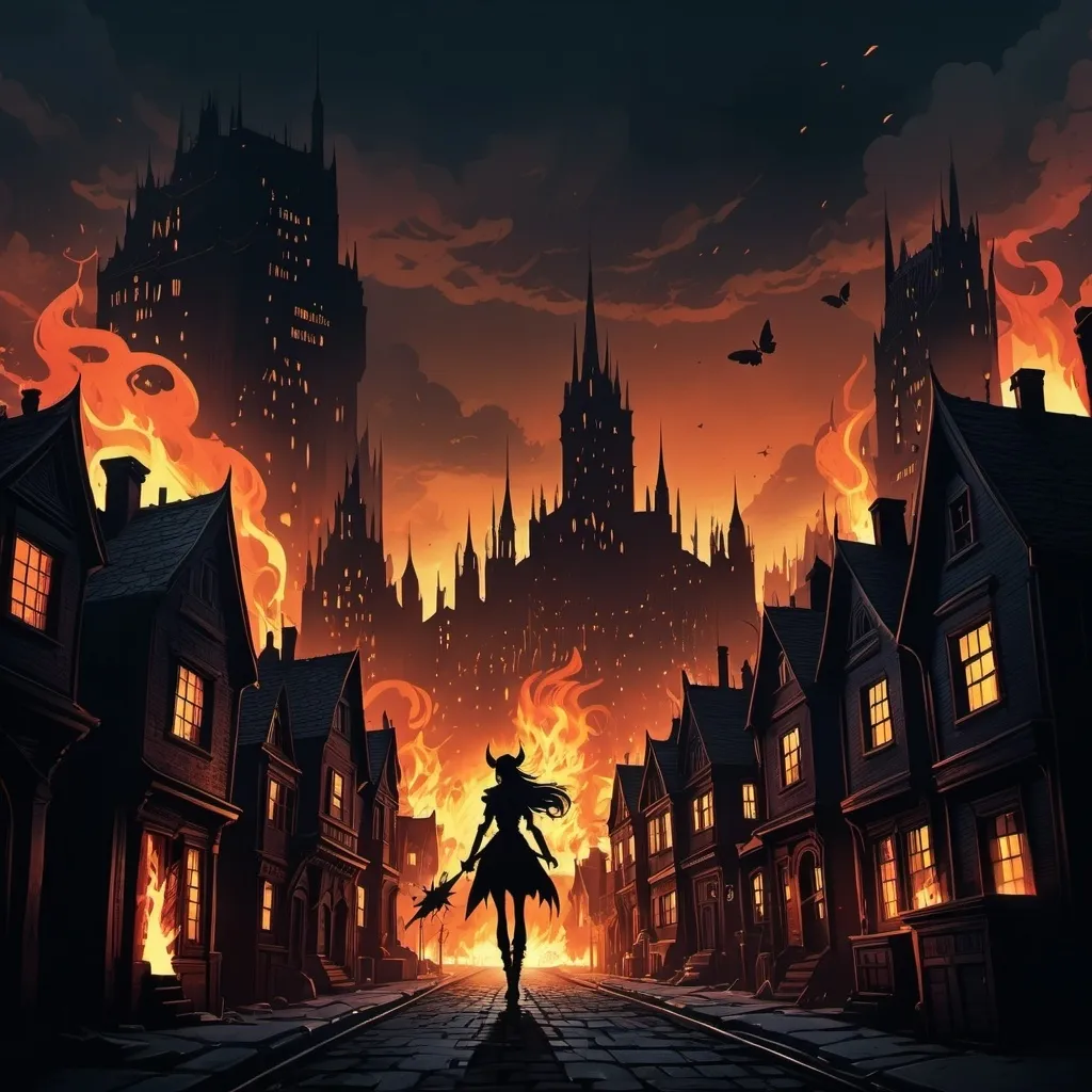 Prompt: a dark city with short brown buildings, fire in the background, a silhouette of a fairy in the sky