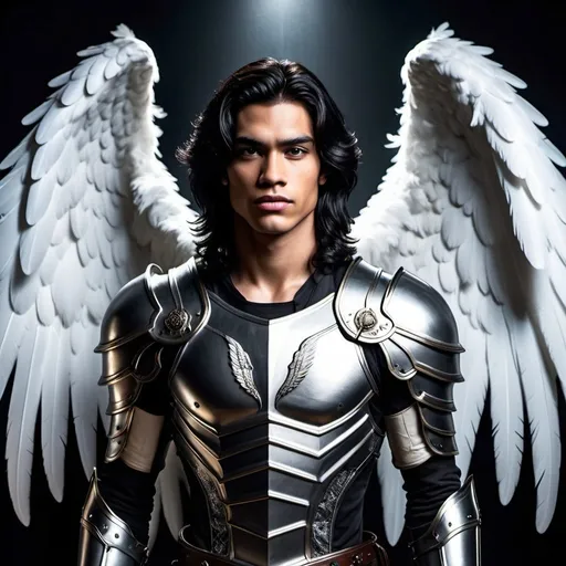 Prompt: an 18-year old male angel with shoulder-length black hair and mahogany skin is standing in a dark room, silver armor, big white feathered wings, relaistic details, masterpiece