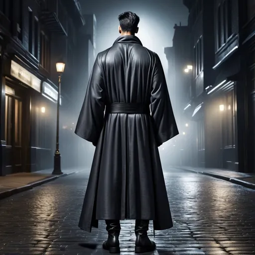 Prompt: back view of a man in a dark grey monk robe, ((half silver half black hair)),tall black boots, standing in a city street at night, full body shot, realistic details, masterpiece