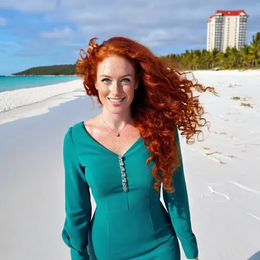 Prompt: a woman with long red curly hair, freckles, green eyes, and red squirrel ears on top of her head is wearing a blue dress with long sleeves, stands on white sand beach, huge hotel in background