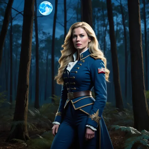 Prompt: a young caucasian woman is in a dark forest, long blonde hair, blue colonial military outfit with blue jacket, full body shot, moon in sky, photorealistic