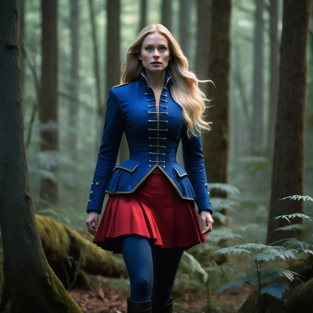 Prompt: a (young) caucasian woman is in a dark forest, long blonde hair, blue colonial military outfit with blue jacket, red costume details, full body shot, short blue skirt, photorealistic