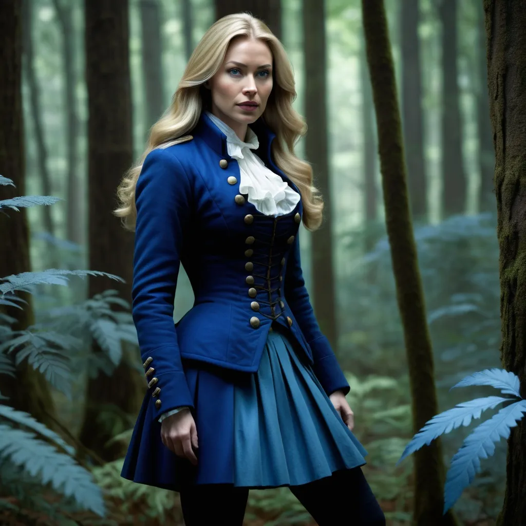 Prompt: a (young) caucasian woman is in a dark forest, long blonde hair, blue colonial military outfit with blue jacket, full body shot, short blue skirt, photorealistic