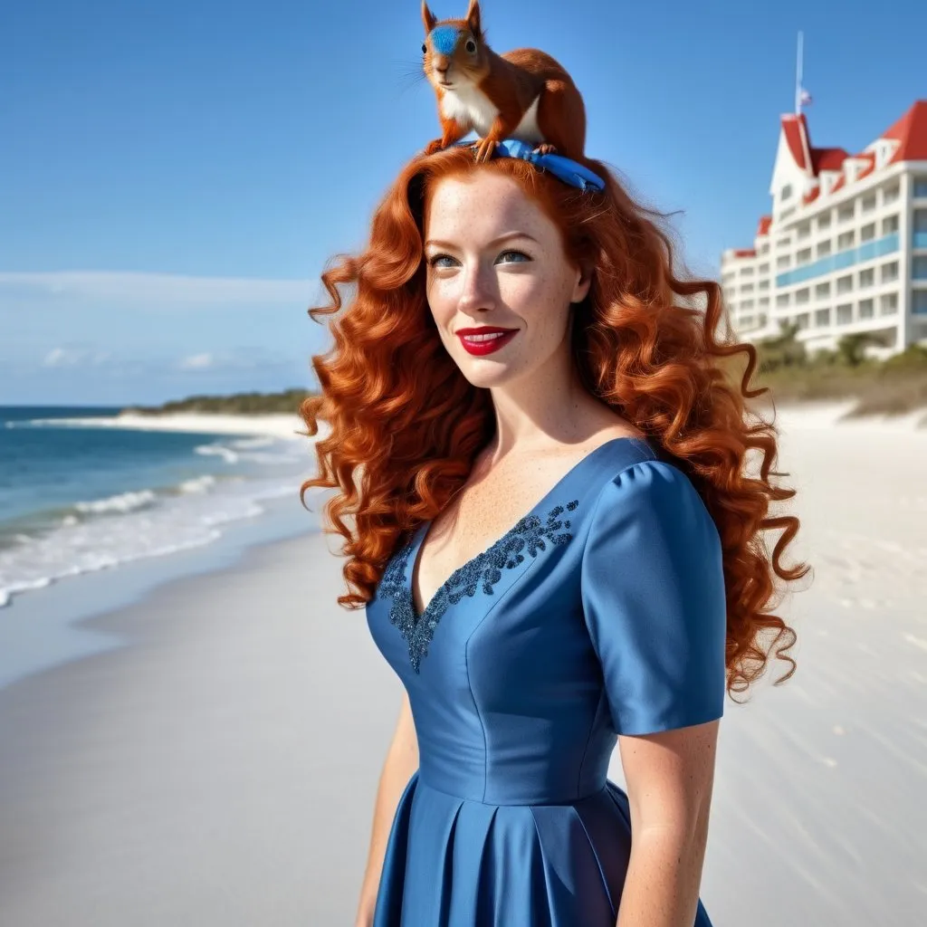 Prompt: woman with long red curly hair that hides her ears, freckles, red squirrel ears on top of her head, wearing a blue vintage 1950s dress, is at a white sand beach, blue ocean, blue skies, big hotel in background on the shore, realistic details, masterpiece, realistic background