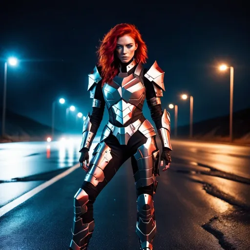 Prompt: an 18 year old woman in futuristic armor with red hair stnading on a broken asphalt road at night