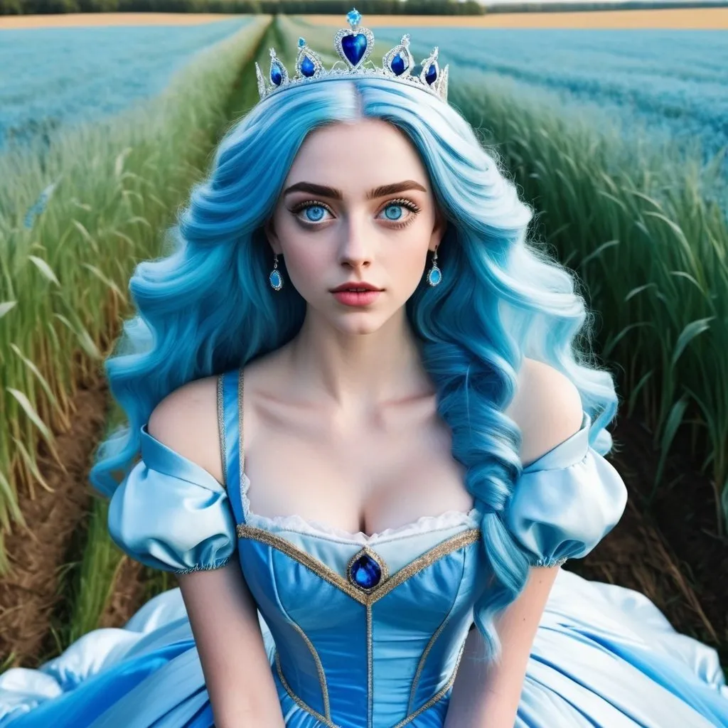 Prompt: an 16 year old caucasian woman with big blue eyes, light blue hair, and a blue and white princess dress is in a field, masterpiece, realistic background