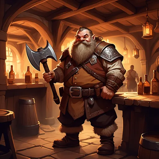 Prompt: dwarf character holding an axe in a tavern , fantasy character art, illustration, dnd, warm tone