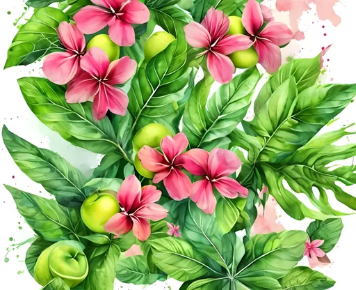 Prompt: CARIBBEAN FLOWERS PLANTS APPLES TREES MOJITO COCKTAIL GREEN TAILED WATERCOLOR BACKGROUNG