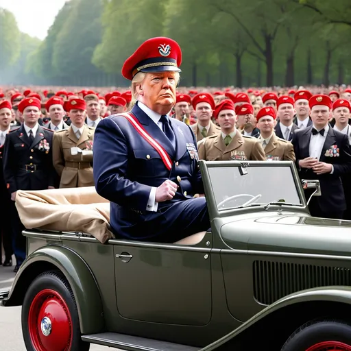 Prompt: Dress Trump in a silly uniform in a military. He rides in an open air 1939 Mercedes. The crowds are massive with red hats. But everyone looks bored