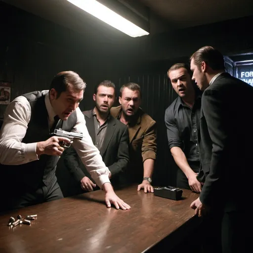 Prompt: four men standing around a table, terrified as one of the men is aiming an handgun to his head, and also this is the backroom of an nightclub