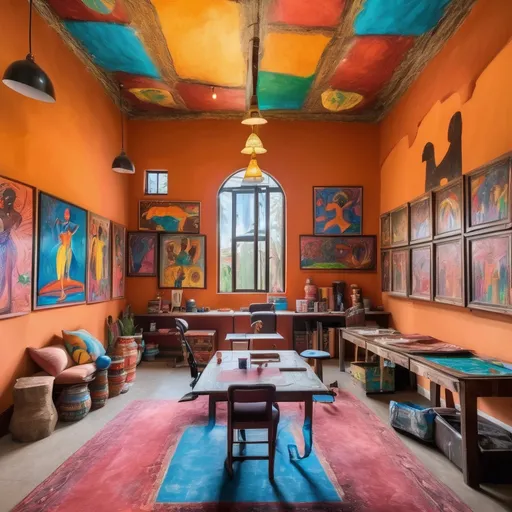 Prompt: East African colorful themed visual art home studio, large sitting areas, high ceiling with a traditional ancient mural walls and multiple massive painting tables with moving chairs and color buckets on wall shelves 