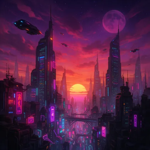 Prompt: A futuristic cyberpunk city at sunset, with tall skyscrapers glowing in neon lights, flying cars in the sky, and a vibrant purple-orange-pink sky. Digital art, highly detailed, aesthetic wallpaper style.