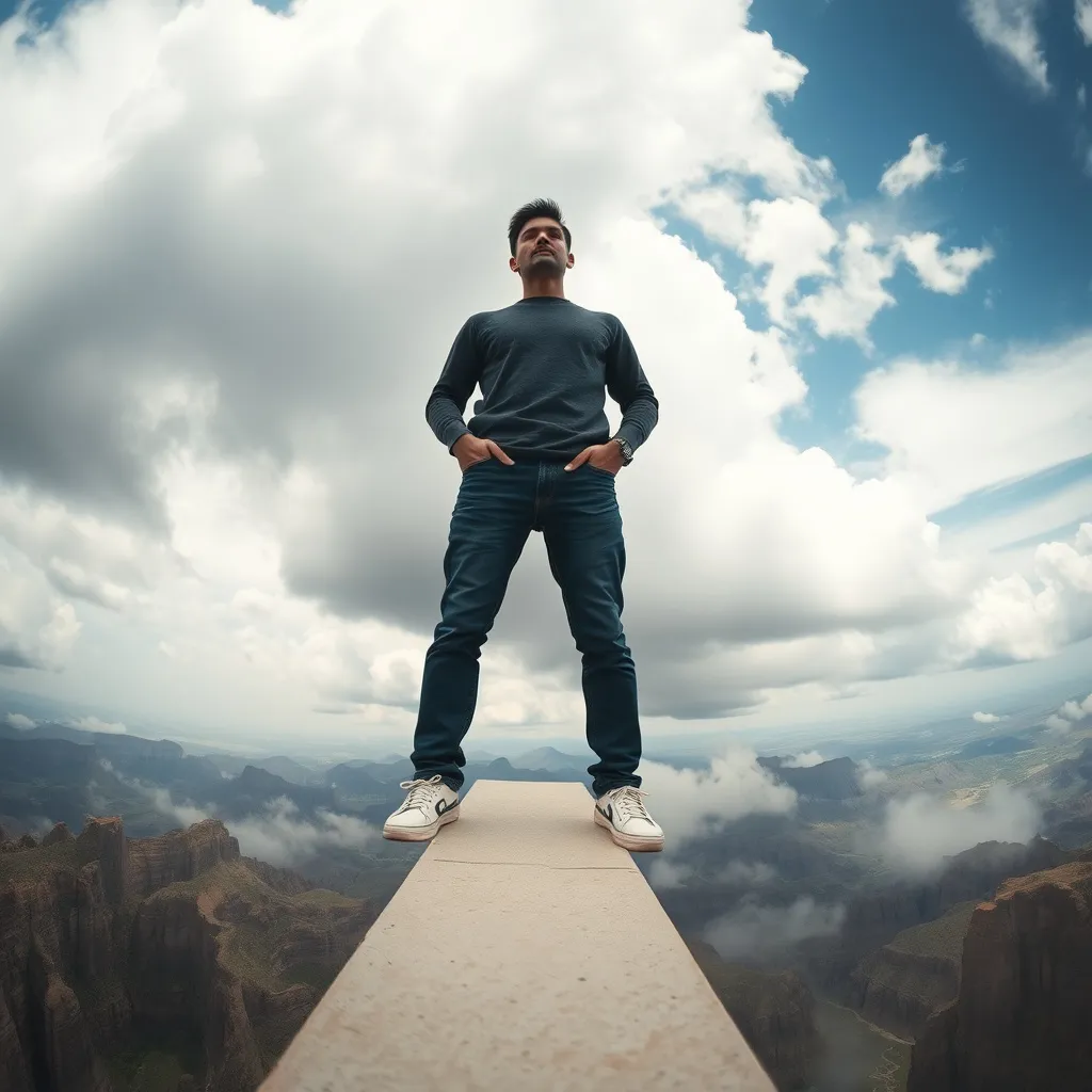 Prompt: a man standing on a ledge with his hands in his pockets and his feet in the ground, with a cloudy sky in the background, Chris LaBrooy, samikshavad, ultra wide angle, a matte painting