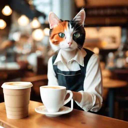 Prompt: A Beautiful Calico Cat Serving Coffee at a Cafe
