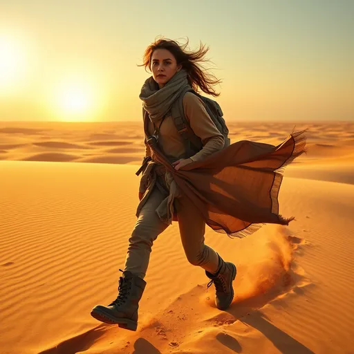 Prompt: Setting: A vast, golden desert with endless dunes stretching to the horizon. The sand is rippling in the wind, creating a sense of motion. The sun is setting or rising, casting warm orange and golden hues across the landscape.
The Woman: Dressed in survival gear—a long flowing scarf or shawl being blown by the wind, desert boots, and a rugged backpack. Her expression should convey fatigue yet determination as she searches for something in the distance. Sweat, dust, and exhaustion can add realism.
Cinematic Motion:
Wind blowing sand into the air, creating subtle trails or dust clouds.
Flowing fabric (her scarf or clothing) adds dynamic movement.
A mirage effect in the background to intensify the "lost" feeling.
Footprints disappearing into the dunes behind her.
Lighting: Use dramatic sunlight—soft golden tones, long shadows on the dunes, and maybe even a lens flare effect to heighten the cinematic drama.
Background Details: You can include faint silhouettes of distant mountains, an oasis shimmering as a mirage, or even a wrecked object (like an old jeep or a lost structure) to add intrigue.
