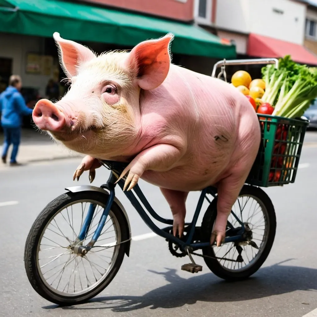 Prompt: a pig on a bike to the supermarket
