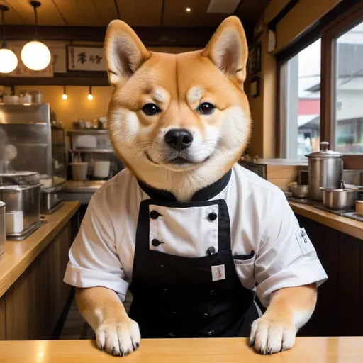 Prompt: a shiba that runs a cute little restaurant, he is the best chef in town!