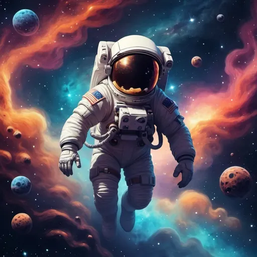 Prompt: an astronaut in a cosmic nebulae drifting through space, cartoon style