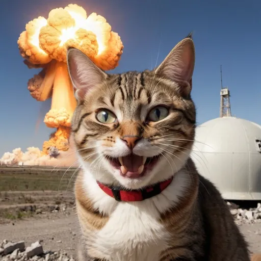 Prompt: a cat smiling at the camera with a nuclear explosion in the background