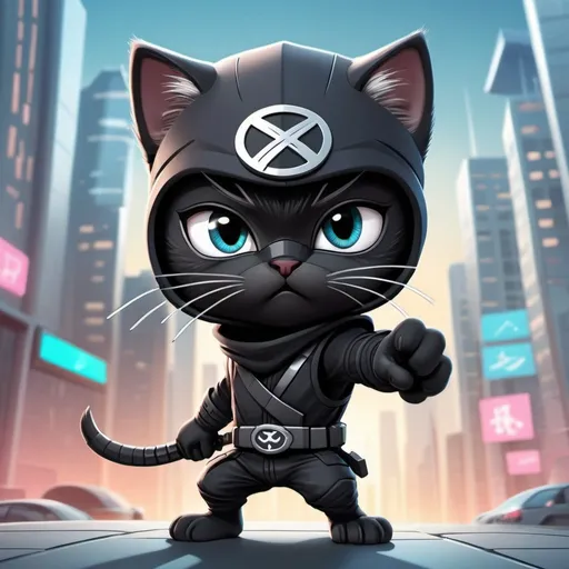 Prompt: cartoon ninja kitten fighting crime in a futuristic city