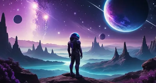 Prompt: A beautiful alien like world with another planet in the sky where you can see lights from their cities. The sky will have plenty of stars and galaxies in it. Do not put the stars and galaxies inside the planet that is in the background. purple and galaxy theme colors would be great. try to add some more color to this picture.
Can you add a guy standing up looking at the view? 
Can you add some more blue coloring? and more stars and galaxies in the sky
