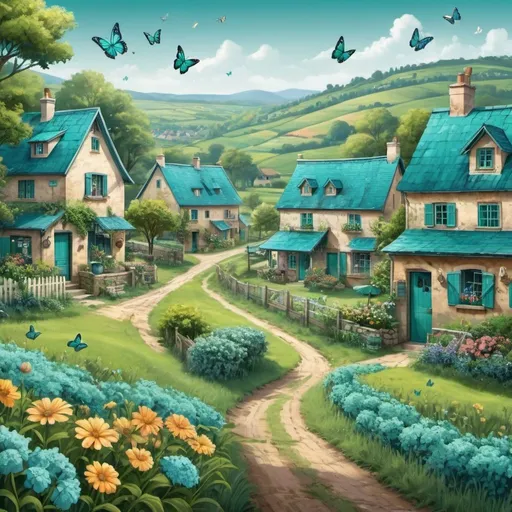 Prompt: Countryside town with butterfly theme, teal, blue, and green color tones, scenic rural landscape, charming cottages, blooming fields, fluttering butterflies, high quality, detailed, countryside, teal tones, blue tones, green tones, charming, scenic, butterflies, rural landscape