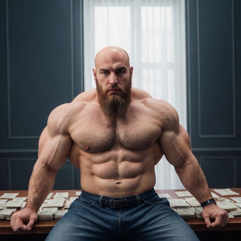 Prompt: surounded by stacks of realistic euros bills, bald dominant algerian/serbian hypermasculine (long beard) man (rugged face) , , (extremely big bodybuilder quads, big rounded chest, enormous arms and shoulders), with small waist" perfect composition, hyperrealistic, super detailed, 8k, high quality, trending art, trending on artstation, sharp focus, studio photo, intricate details, highly detailed, by greg rutkowski, bright picture with bright exposition