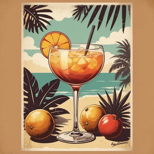 Prompt: Illustrate a vintage-inspired poster with a tropical retro vibe reminiscent of the 1950s, infused with the energetic spirit of salsa. Emphasize a serigraphic illustration style rather than a realistic photograph. Incorporate sepia tones and warm hues to convey a cozy, nostalgic atmosphere. Capture the cheerful and vibrant essence of the era while maintaining a worn-in, retro charm. Ensure that a wide-bottomed cocktail glass is featured as the main figurative element in the composition.