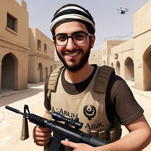 Prompt: a guy with glasses, in DUST2 map counter strike. holding AWP and have arab looking, and smile, and "Loruk" is writing above his head
