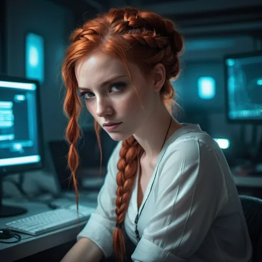 Prompt: attractive red haired woman,braid, hacker and programmer, bedroom, soft and focused gaze, comfortable blouse and skirt,  cool tones, intense lighting, highres, ultra-detailed, cyberpunk, sleek design, professional, atmospheric lighting, 