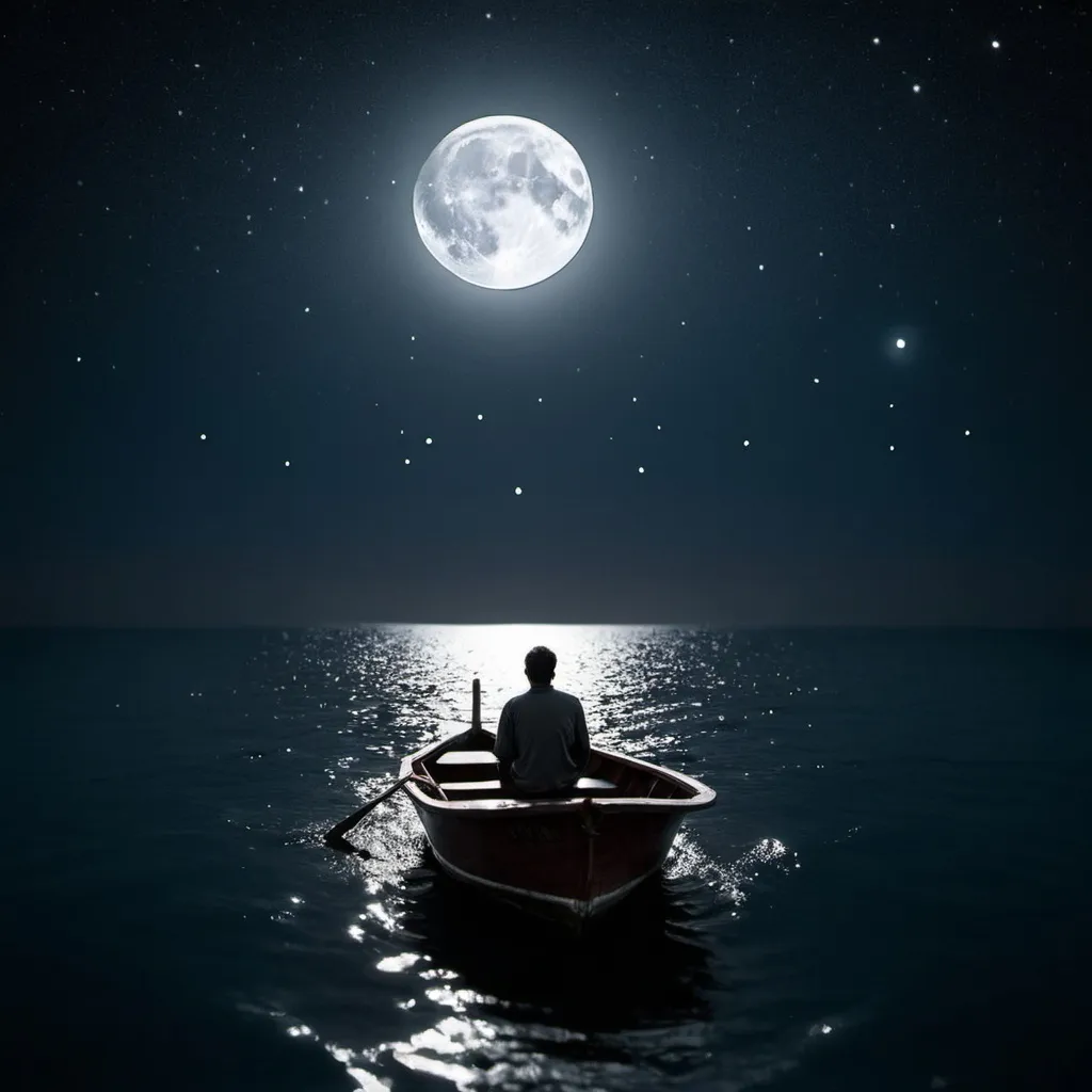 Prompt: I want pictures of a man sitting alone on a small boat on a dark night in the middle of the ocean, with the moon in front of him with a simple light illuminating the place, simple lighting, and the sky full of stars and bright meteors. 