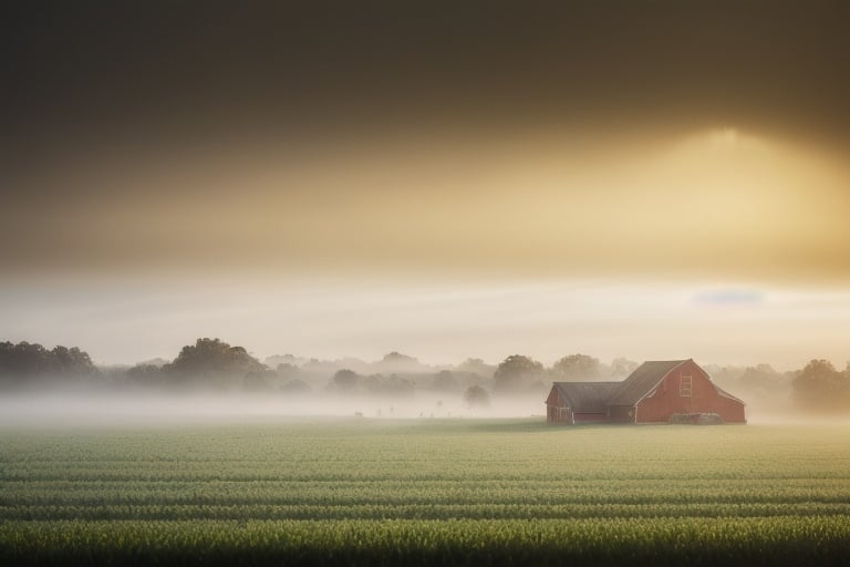 Prompt: morning fog in a farm, complex lighting, photoshoot, color corrected, beautiful composition, beautiful proportions, golden_ratio, texturized background, photoshop, NikonD6 