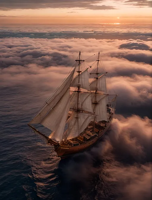 Prompt: Photorealistic close-up of a single Spanish caravel sailing on top of clouds at dramatic sunset, detailed rigging and sails, realistic clouds, historical maritime, vibrant sunset colors, high quality, photorealistic, dramatic lighting, detailed craftsmanship, intense atmosphere