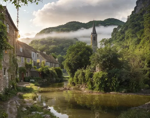 Prompt: photorealistic landscape of a small village by the river, church tower, row boat with people,  sunrise, lush vegetation, dramatic sky after rain, fog,, trending on Instagram, detailed reflections, sunrise lighting, dramatic atmosphere, realistic water reflections, picturesque village, serene river, colorful sky, vibrant vegetation, high-res, trending, atmospheric fog