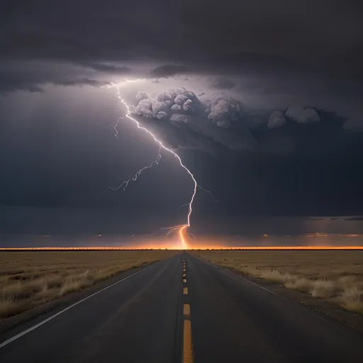Prompt: Landscape Photograph with a wide Kansas field, empty road, and an immense cloud with flashing lightning and surrounded by brilliant light. The center of the fire looked like glowing metal, dramatic light, glowing white, top of clouds. LeicaM3, high resolution, intricate details, detailed vegetation, NikonD6, ISO 1600,