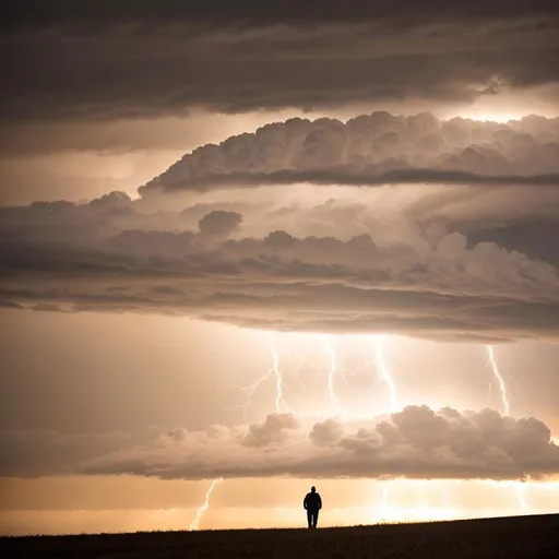 Prompt: Silver tones, low angle, silhouette, Landscape Photograph, A man in walks in a wide Kansas field towards an immense cloud with flashing lightning and surrounded by brilliant light. The center of the fire looked like glowing metal, dramatic light, glowing white, top of clouds. LeicaM3, high resolution, intricate details by Sebastiao Salgado